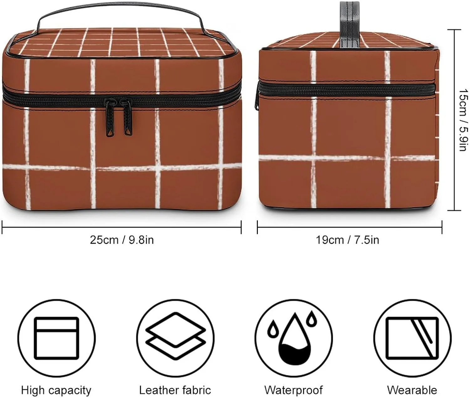 Leather Portable Makeup Bag, Rust Checkered Modern Minimalist Travel Cosmetic Bag Makeup Organizer Case Large Capacity Zipper Toiletry Bag for Women