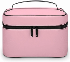 Leather Cosmetic Case, Minimalist Blush Pink Solid Color Portable Makeup Bag Organizer Large Capacity Travel Toiletry Bag with Zipper