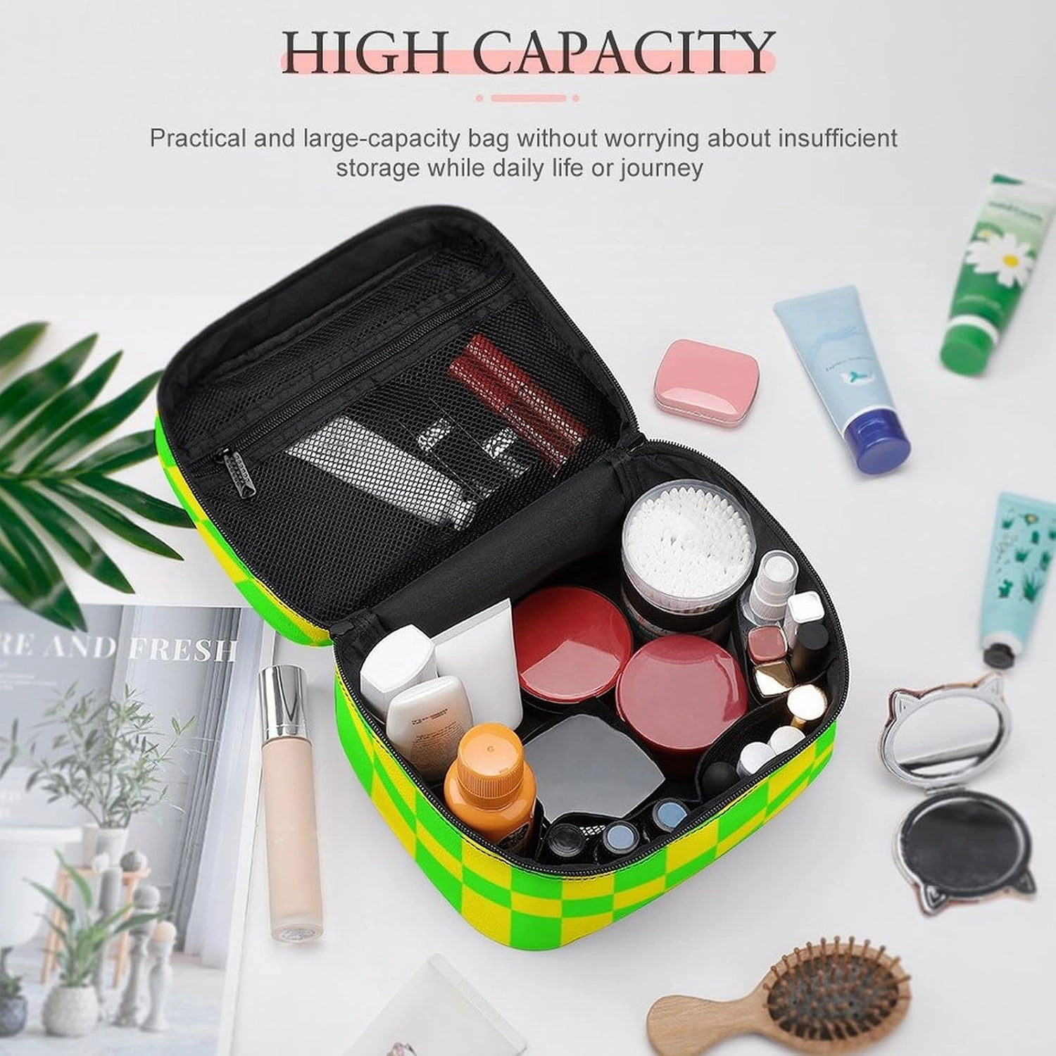 Leather Cosmetic Case, Neon Green Yellow Checkered Portable Makeup Bag Organizer Large Capacity Travel Toiletry Bag with Zipper