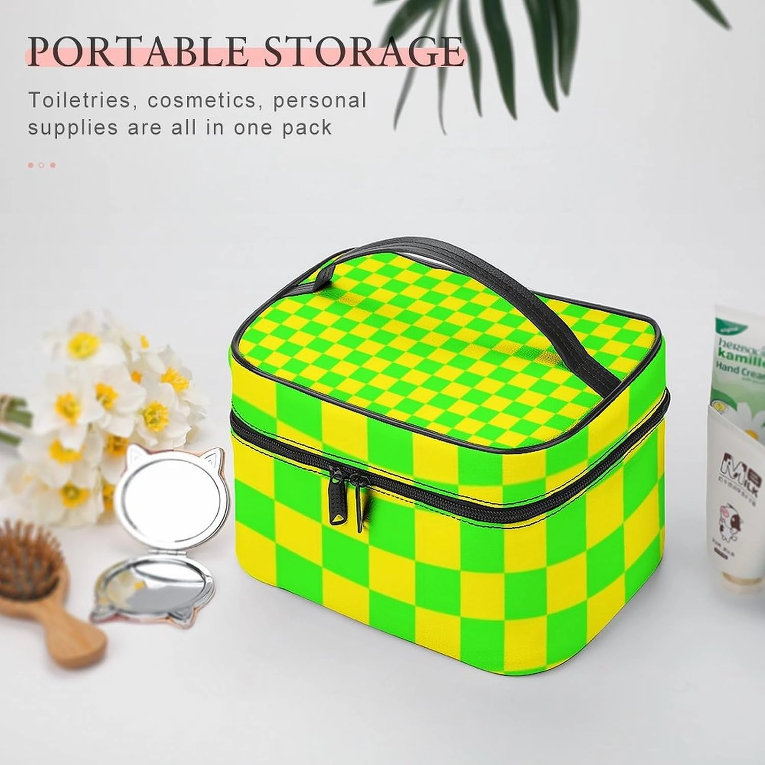 Leather Cosmetic Case, Neon Green Yellow Checkered Portable Makeup Bag Organizer Large Capacity Travel Toiletry Bag with Zipper