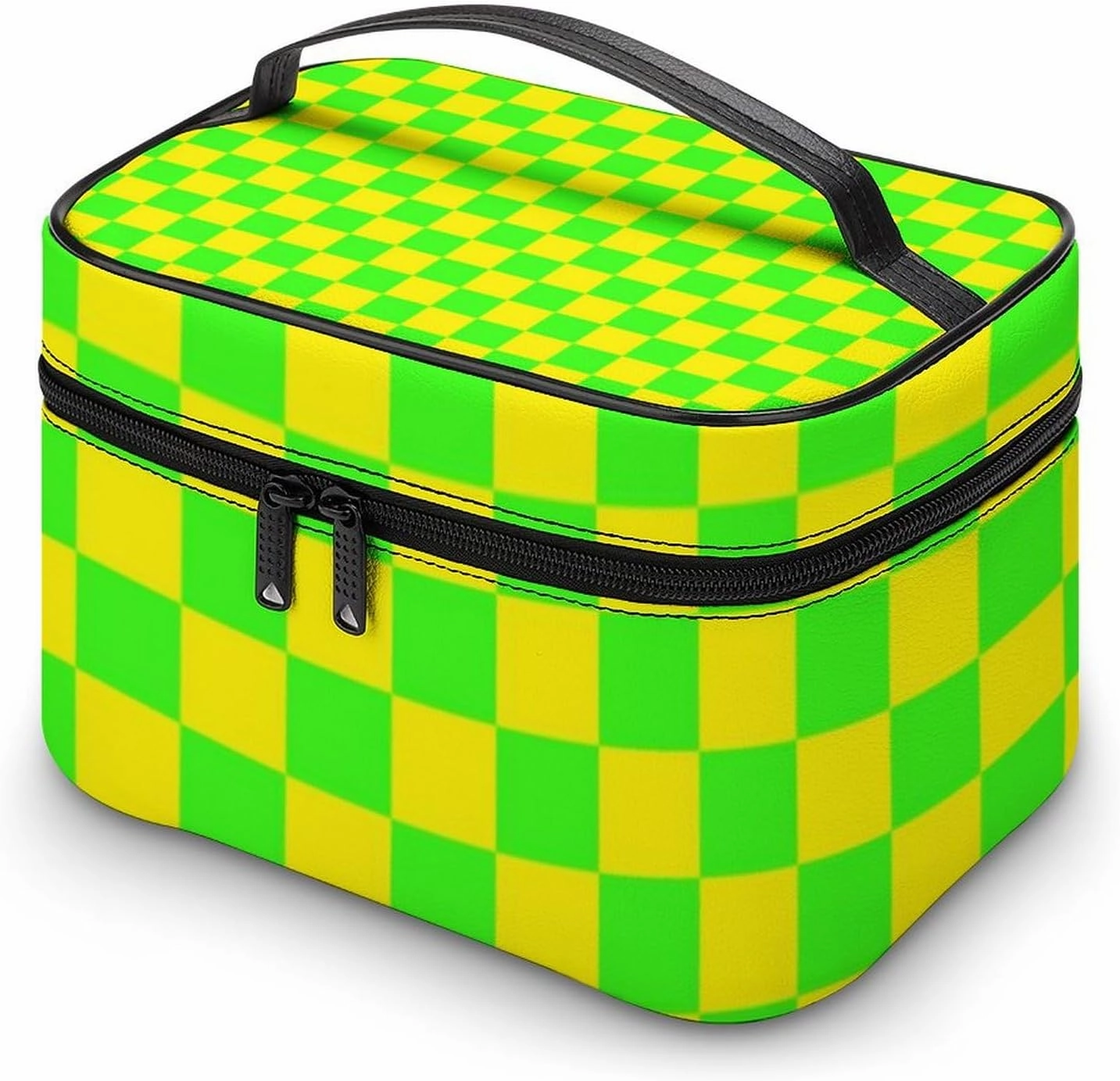 Leather Cosmetic Case, Neon Green Yellow Checkered Portable Makeup Bag Organizer Large Capacity Travel Toiletry Bag with Zipper