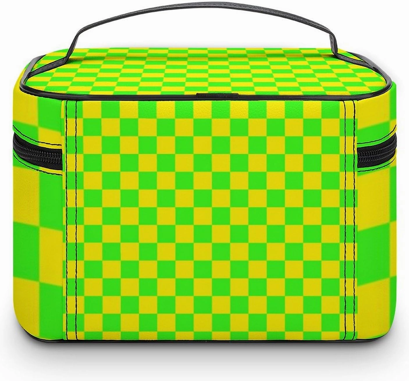 Leather Cosmetic Case, Neon Green Yellow Checkered Portable Makeup Bag Organizer Large Capacity Travel Toiletry Bag with Zipper