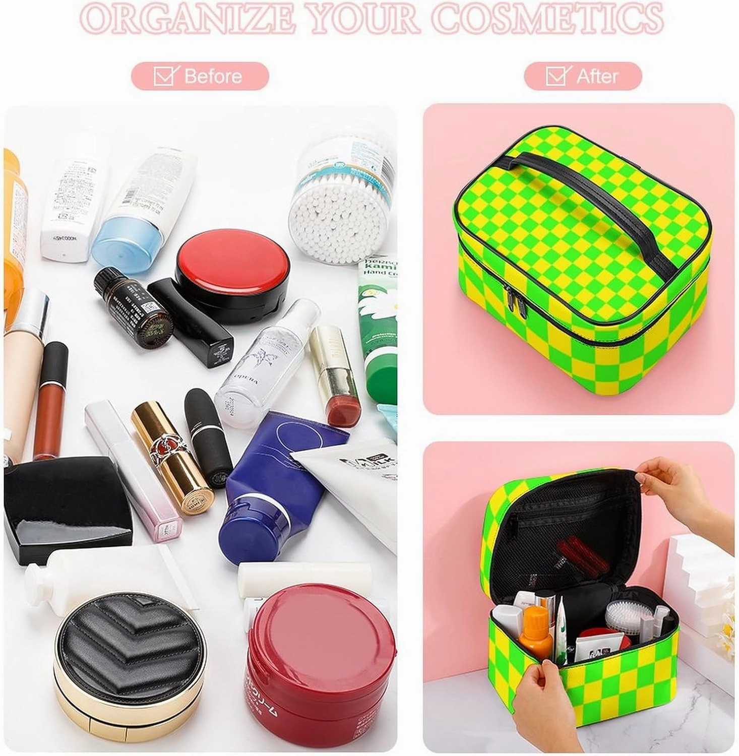 Leather Cosmetic Case, Neon Green Yellow Checkered Portable Makeup Bag Organizer Large Capacity Travel Toiletry Bag with Zipper