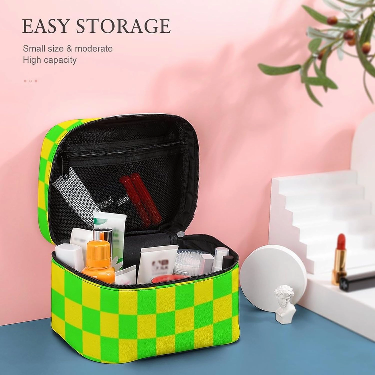 Leather Cosmetic Case, Neon Green Yellow Checkered Portable Makeup Bag Organizer Large Capacity Travel Toiletry Bag with Zipper