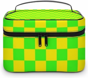 Leather Cosmetic Case, Neon Green Yellow Checkered Portable Makeup Bag Organizer Large Capacity Travel Toiletry Bag with Zipper
