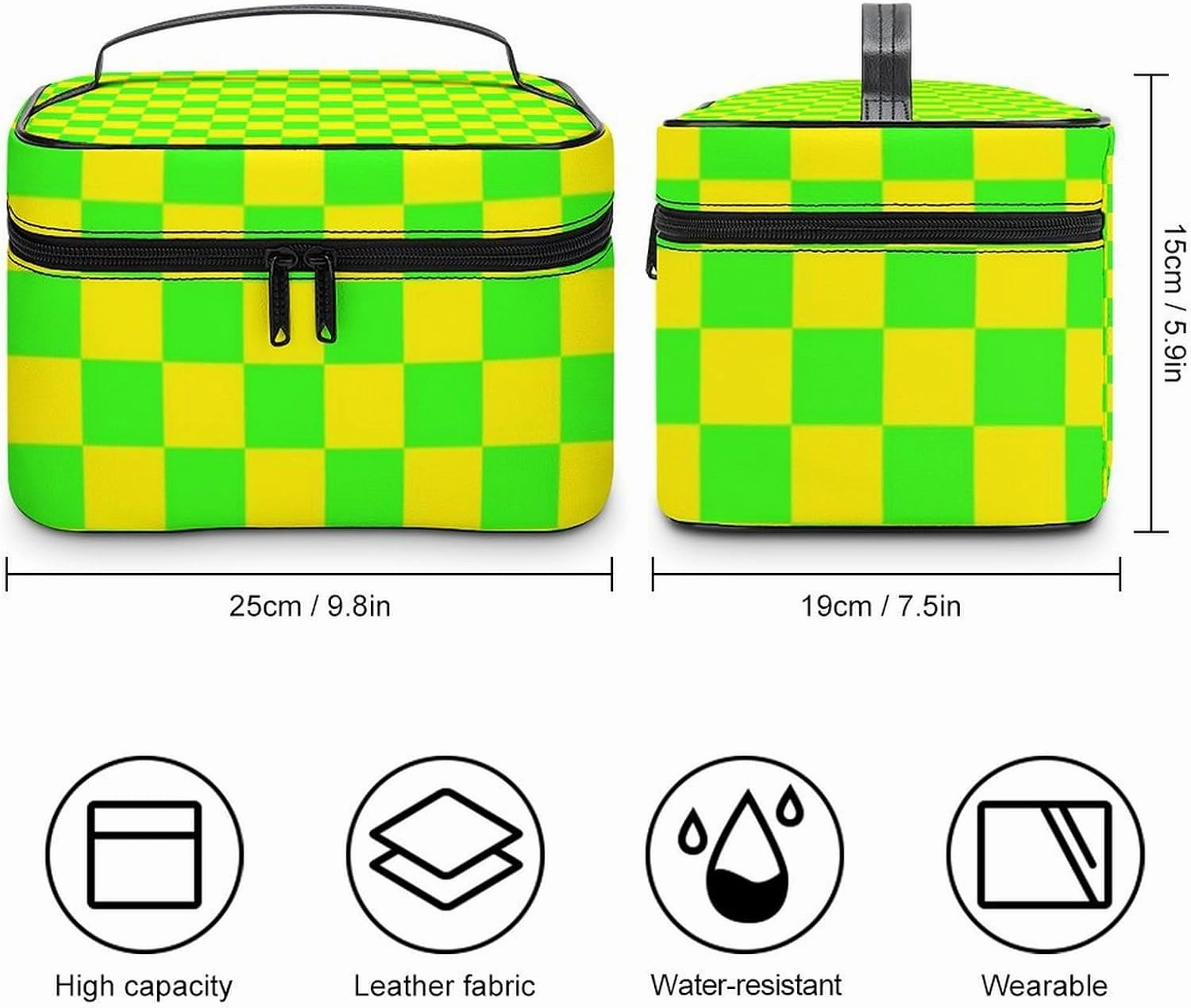 Leather Cosmetic Case, Neon Green Yellow Checkered Portable Makeup Bag Organizer Large Capacity Travel Toiletry Bag with Zipper
