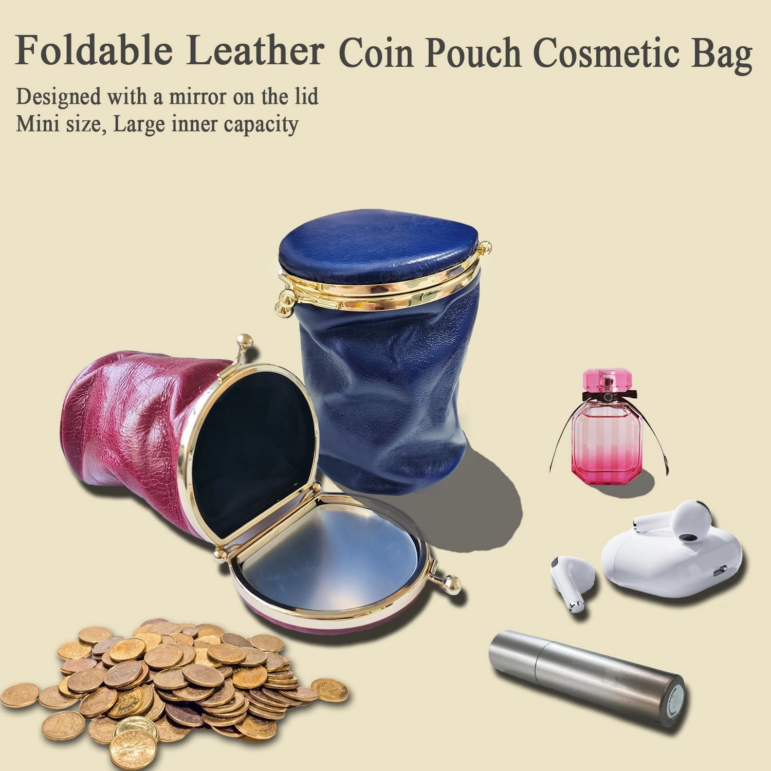 Leather Lipstick Pouch Mini Cosmetic Bag with Mirror Foldable Makeup Pouch for Travel Portable Leather Coin Purse