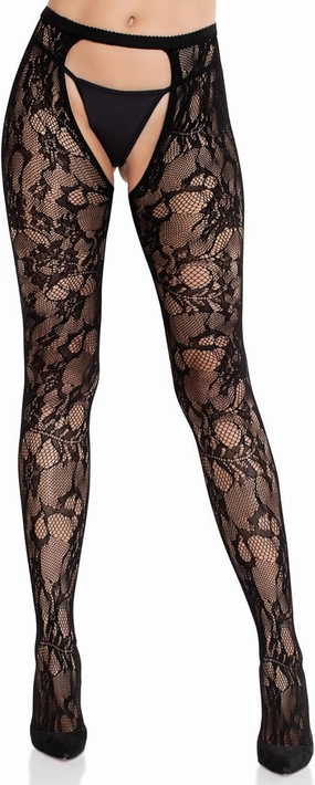 Leg Avenue Women’s Eyelet Rose Lace Tights Crotchless Pantyhose for Women, Black, One Size