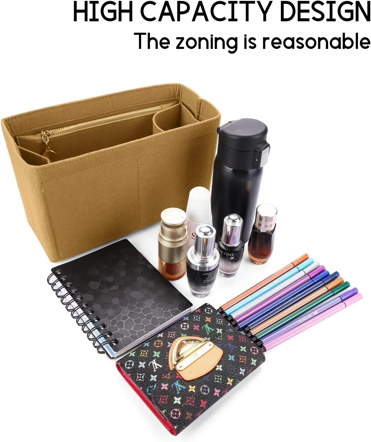 LEXSION Felt Purse Organizer Insert for Handbags with Zipper for Kelly 28,Bag Organizer with Removable Bottle Holder 8032 Light Brown Medium