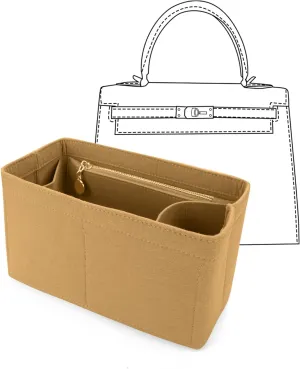 LEXSION Felt Purse Organizer Insert for Handbags with Zipper for Kelly 35,Bag Organizer with Removable Bottle Holder 8032 Light Brown X-Large