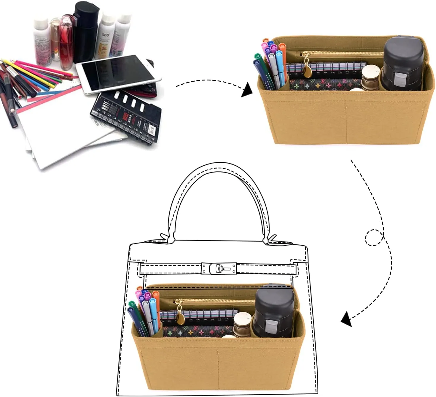 LEXSION Felt Purse Organizer Insert for Handbags with Zipper for Kelly 35,Bag Organizer with Removable Bottle Holder 8032 Light Brown X-Large