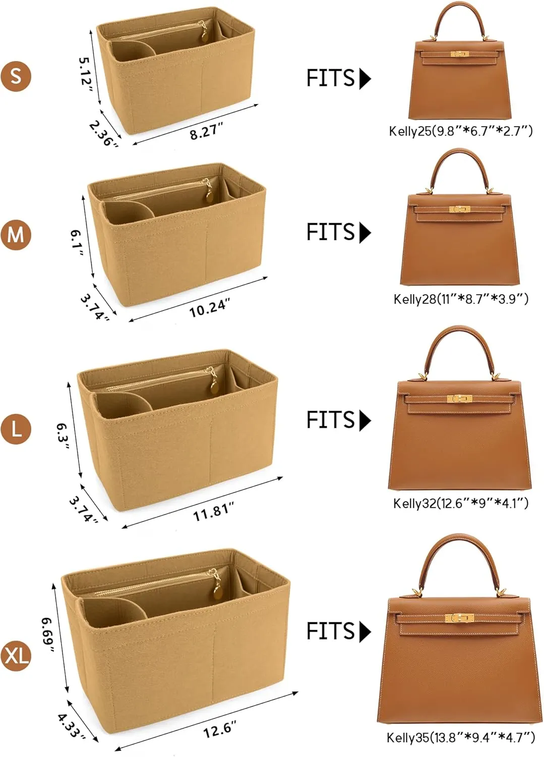 LEXSION Felt Purse Organizer Insert for Handbags with Zipper for Kelly 35,Bag Organizer with Removable Bottle Holder 8032 Light Brown X-Large