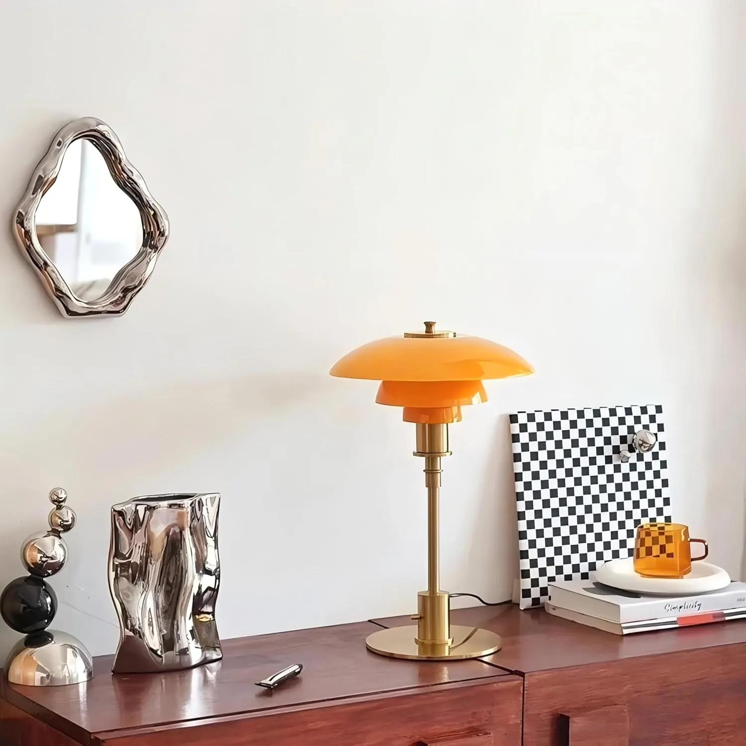 LIGHTLAND Modernist Table Lamp, Metal and Glass Bedside Light for Study Room, Bedroom, Living Room, 18 * 11 Inch, Orange Gold