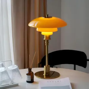 LIGHTLAND Modernist Table Lamp, Metal and Glass Bedside Light for Study Room, Bedroom, Living Room, 18 * 11 Inch, Orange Gold
