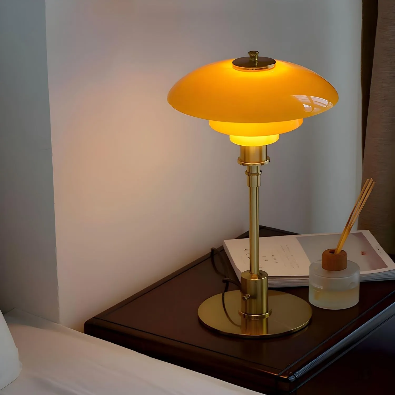 LIGHTLAND Modernist Table Lamp, Metal and Glass Bedside Light for Study Room, Bedroom, Living Room, 18 * 11 Inch, Orange Gold