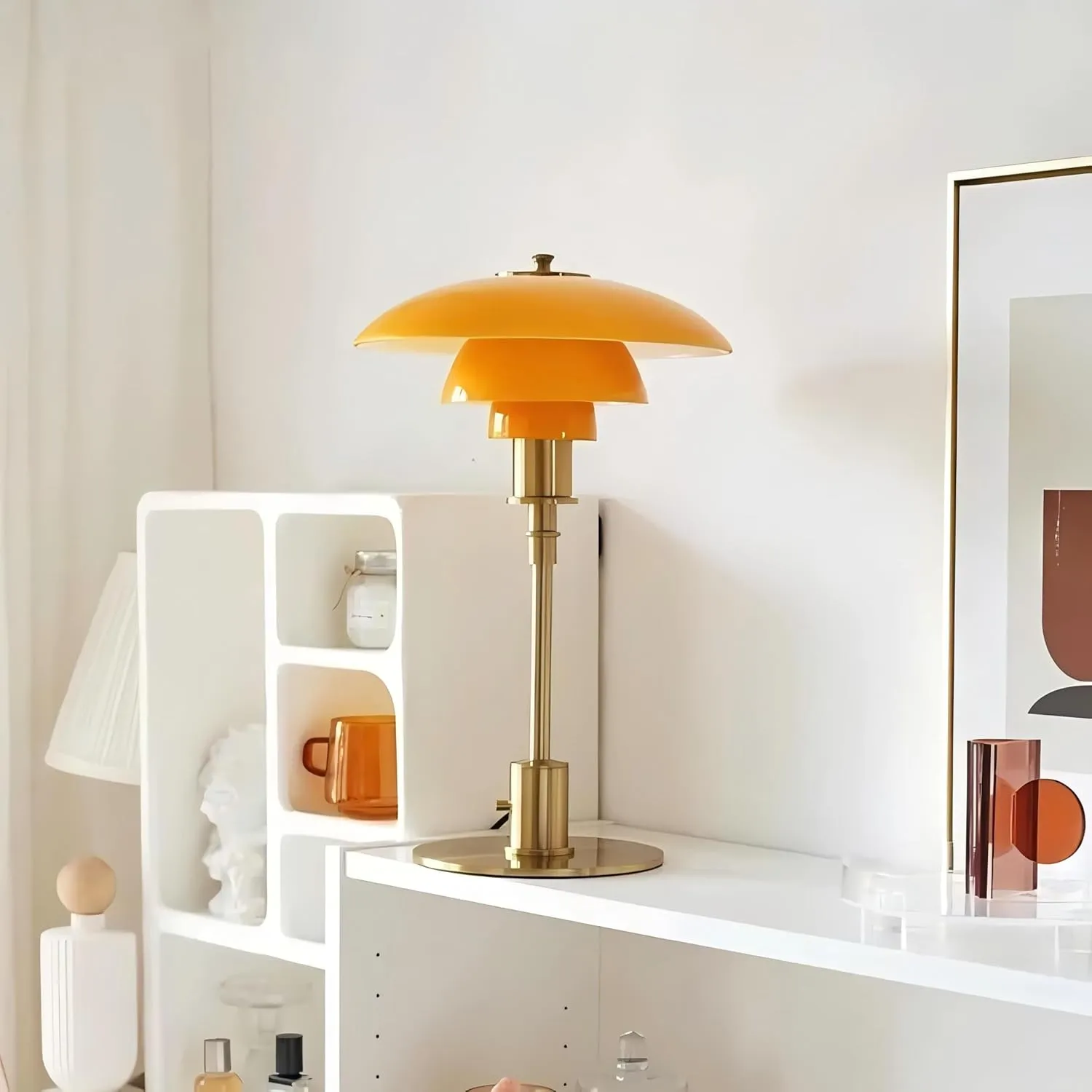 LIGHTLAND Modernist Table Lamp, Metal and Glass Bedside Light for Study Room, Bedroom, Living Room, 18 * 11 Inch, Orange Gold