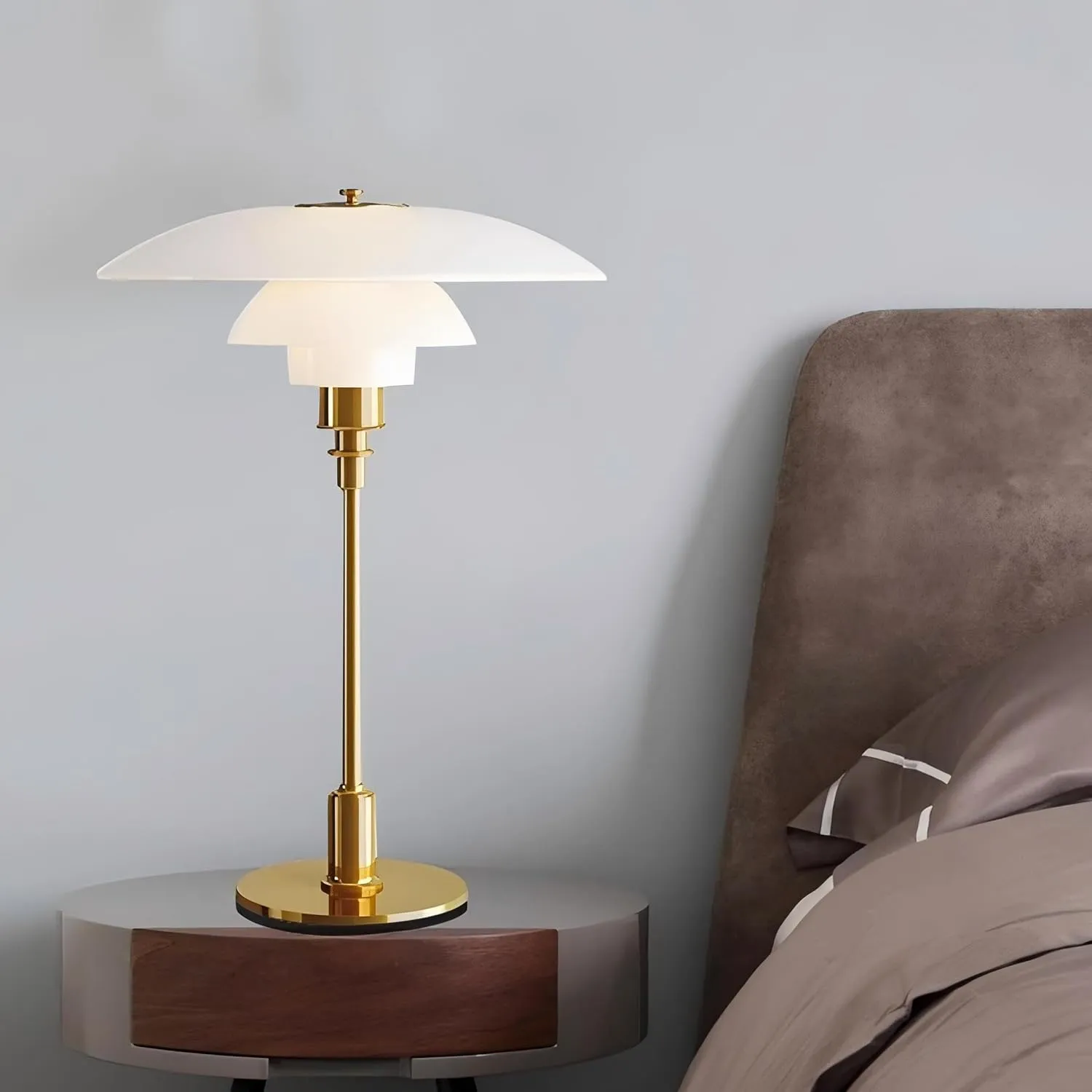 LIGHTLAND Modernist Table Lamp, Metal and Glass Bedside Light for Study Room, Bedroom, Living Room, 18 * 11 Inch, White Gold
