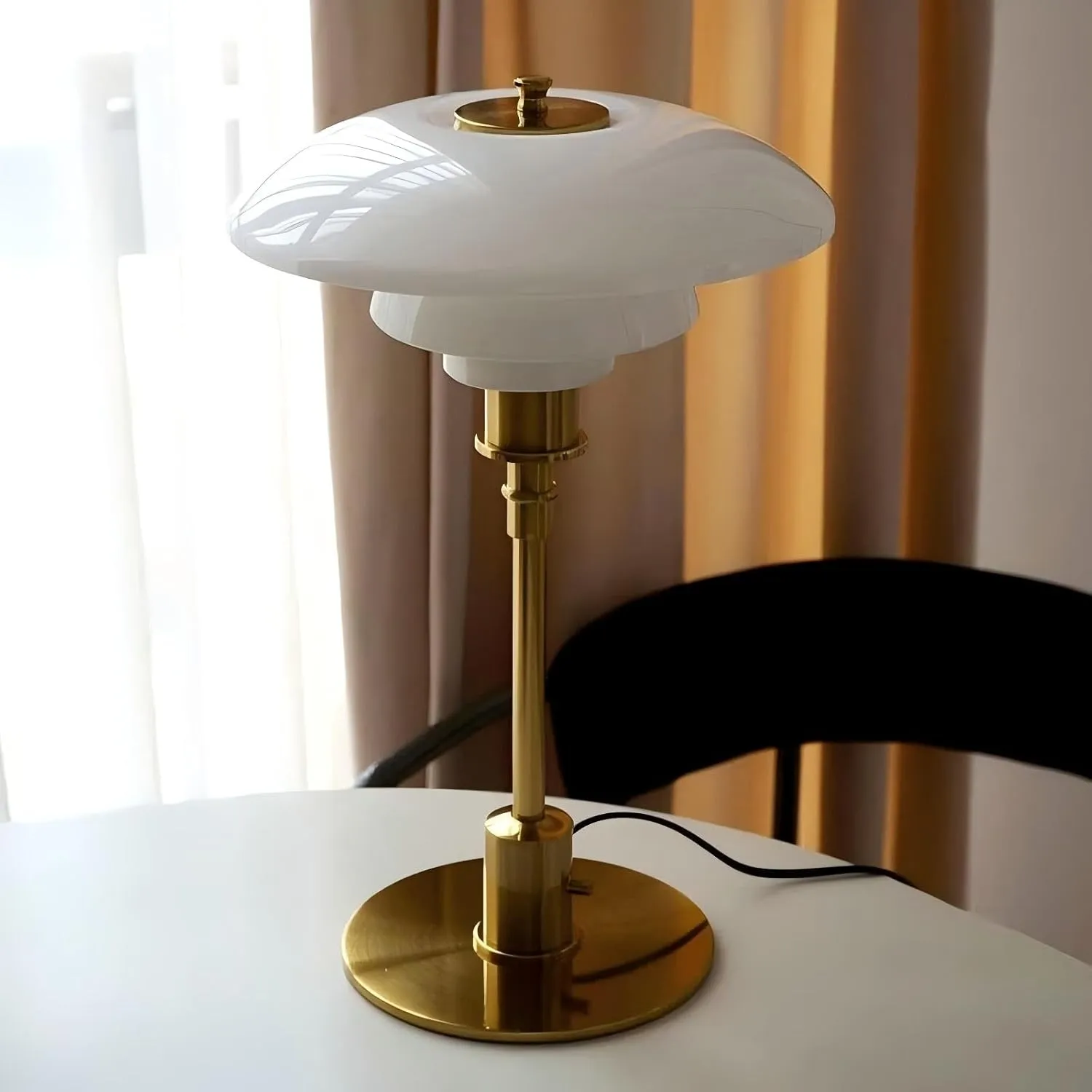 LIGHTLAND Modernist Table Lamp, Metal and Glass Bedside Light for Study Room, Bedroom, Living Room, 18 * 11 Inch, White Gold