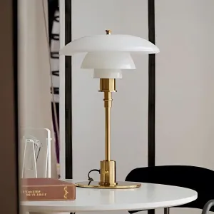 LIGHTLAND Modernist Table Lamp, Metal and Glass Bedside Light for Study Room, Bedroom, Living Room, 18 * 11 Inch, White Gold