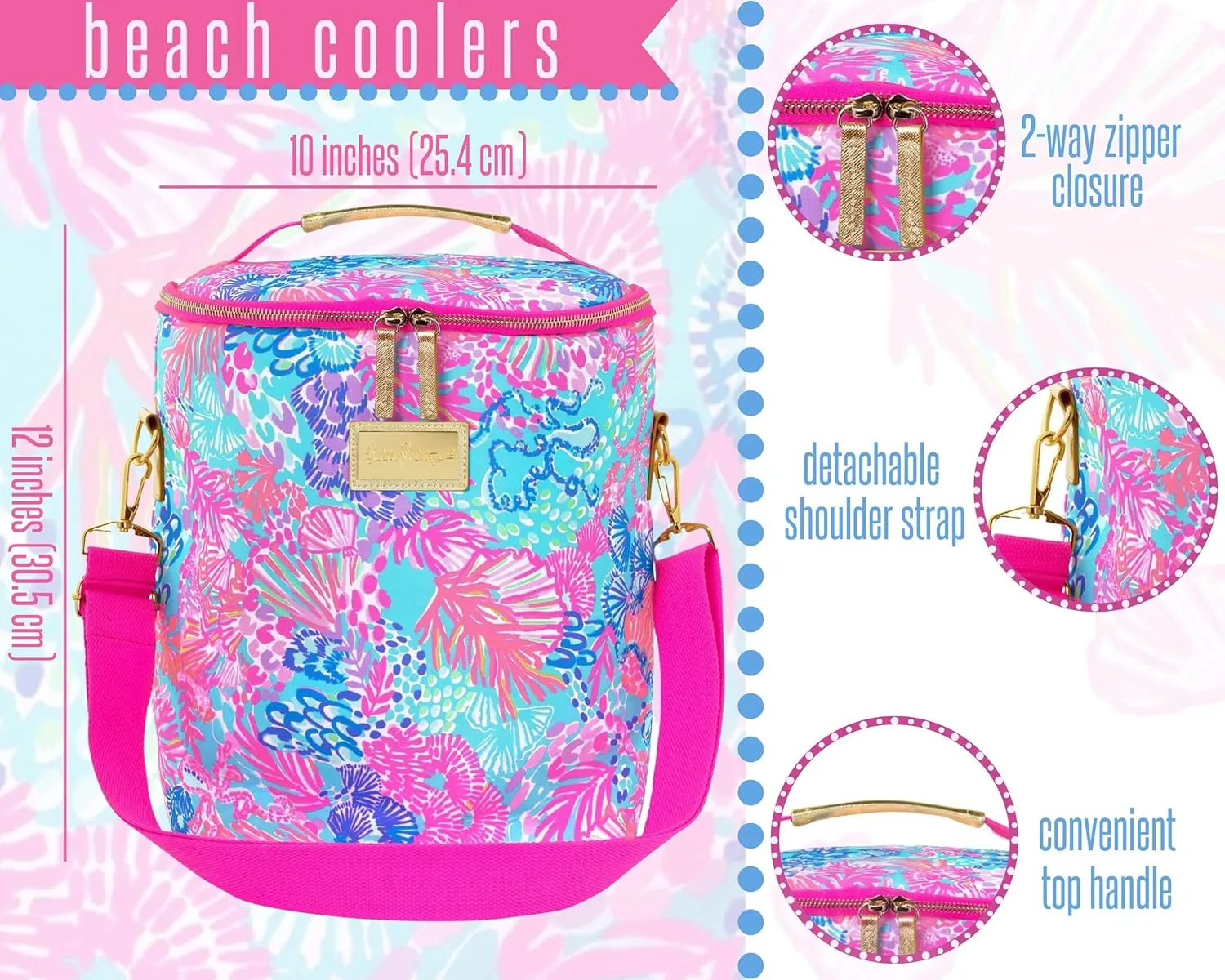 Lilly Pulitzer Insulated Soft Beach Cooler with Adjustable/Removable Strap and Double Zipper Close, Splendor in The Sand