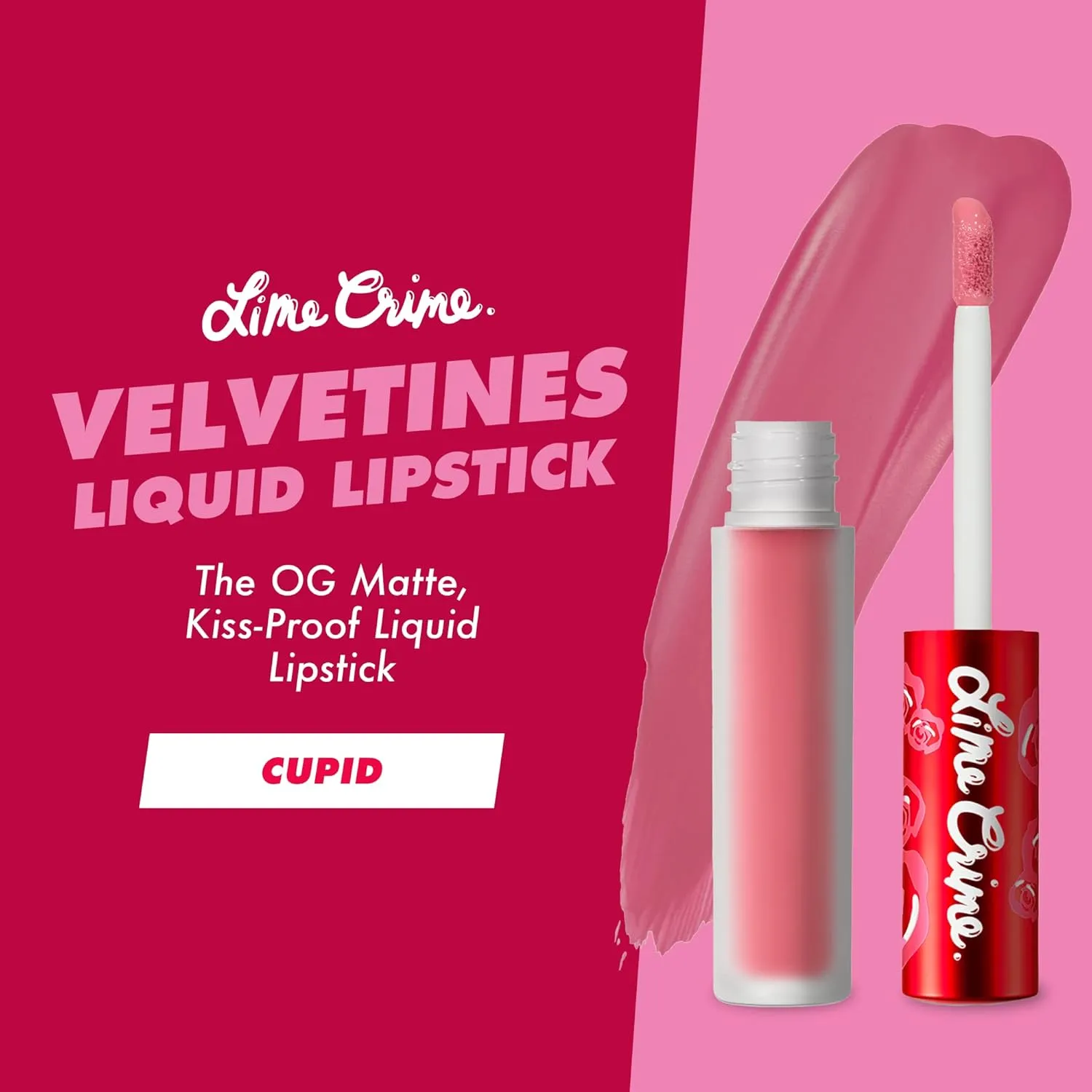 Lime Crime Velvetines Liquid Matte Lipstick, Cupid (Vibrant Pinky Red) - Bold, Long Lasting Shades & Lip Lining - Stellar Color & High Comfort for All-Day Wear - Talc-Free & Paraben-Free