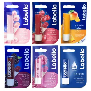 Lip Balm Bundle containing 6 different Labello Lip Balms - Pearly Shine, Cherry Shine, Mango, Blackberry Shine, Soft Rose, Original