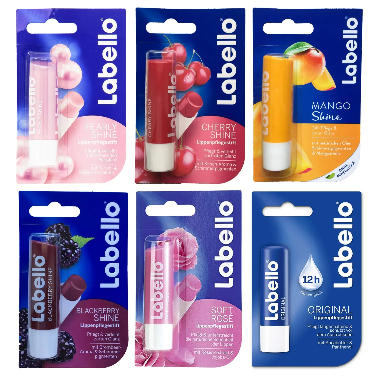 Lip Balm Bundle containing 6 different Labello Lip Balms - Pearly Shine, Cherry Shine, Mango, Blackberry Shine, Soft Rose, Original