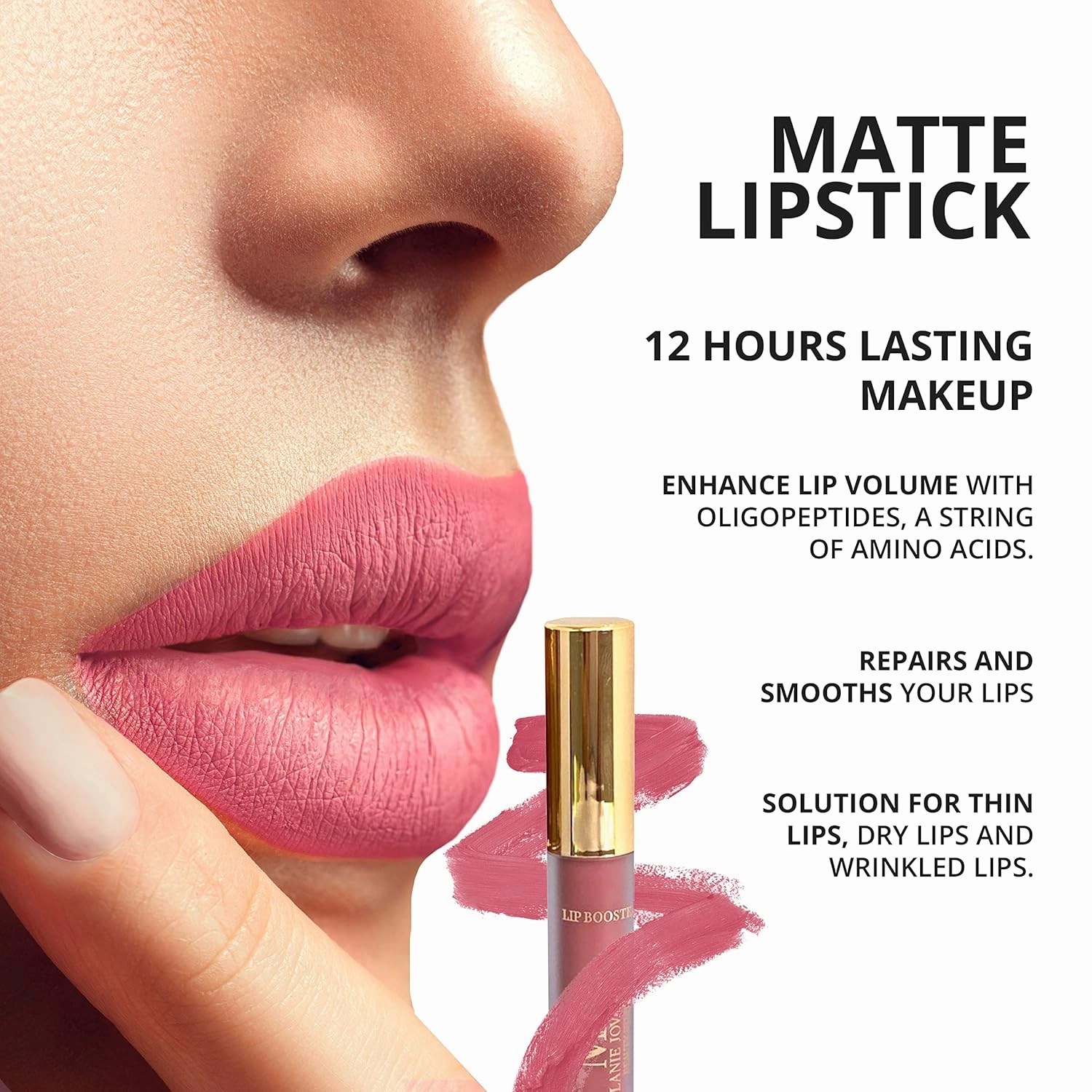 Lip Booster Matte | Hyaluronic Acid, Collagen & Oligopeptides | Repairs, Smooths & Plumps | 12 Hour Lasting Matte Lipstick | Deep Shade