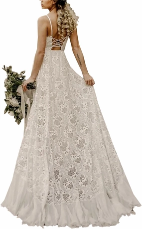 LIPOSA Boho Lace Wedding Dresses for Bride Spaghetti Strap Sweetheart A Line Sleeveless Courthouse Bridal Gowns