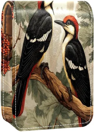 Lipstick Case Woodpecker Bird on Red Berries Branch Prints Mini Lipstick Holder Organizer Bag With Mirror for Purse Travel Cosmetic Pouch