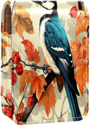 Lipstick Case Woodpecker Bird on Red Berries Branch Prints Mini Lipstick Holder Organizer Bag With Mirror for Purse Travel Cosmetic Pouch