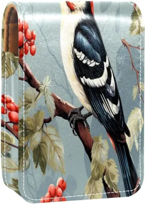 Lipstick Case Woodpecker Bird on Red Berries Branch Prints Mini Lipstick Holder Organizer Bag With Mirror for Purse Travel Cosmetic Pouch