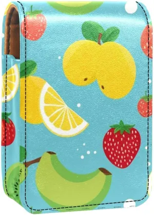 Lipstick Case,Leather Lip Gloss Lipstick Organizer with Mirror,Mini Lipstick Holder Bag,Banana Cherry Orange