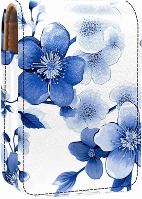 Lipstick Case,Leather Lip Gloss Lipstick Organizer with Mirror,Mini Lipstick Holder Bag,Blue Branch Cherry Blossom