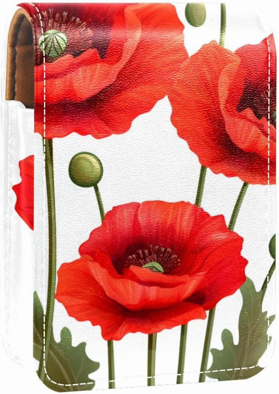 Lipstick Case,Leather Lip Gloss Lipstick Organizer with Mirror,Mini Lipstick Holder Bag,Plant Red Flower