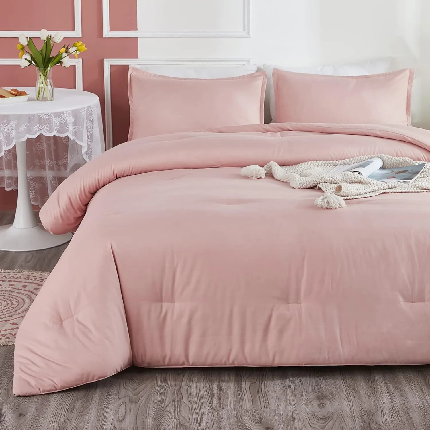 Litanika Pink Queen Size Comforter Set, 3 Pieces Blush Plain Bedding Comforter Set, All Season Bed Set (90x90In Comforter & 2 Pillowcases)