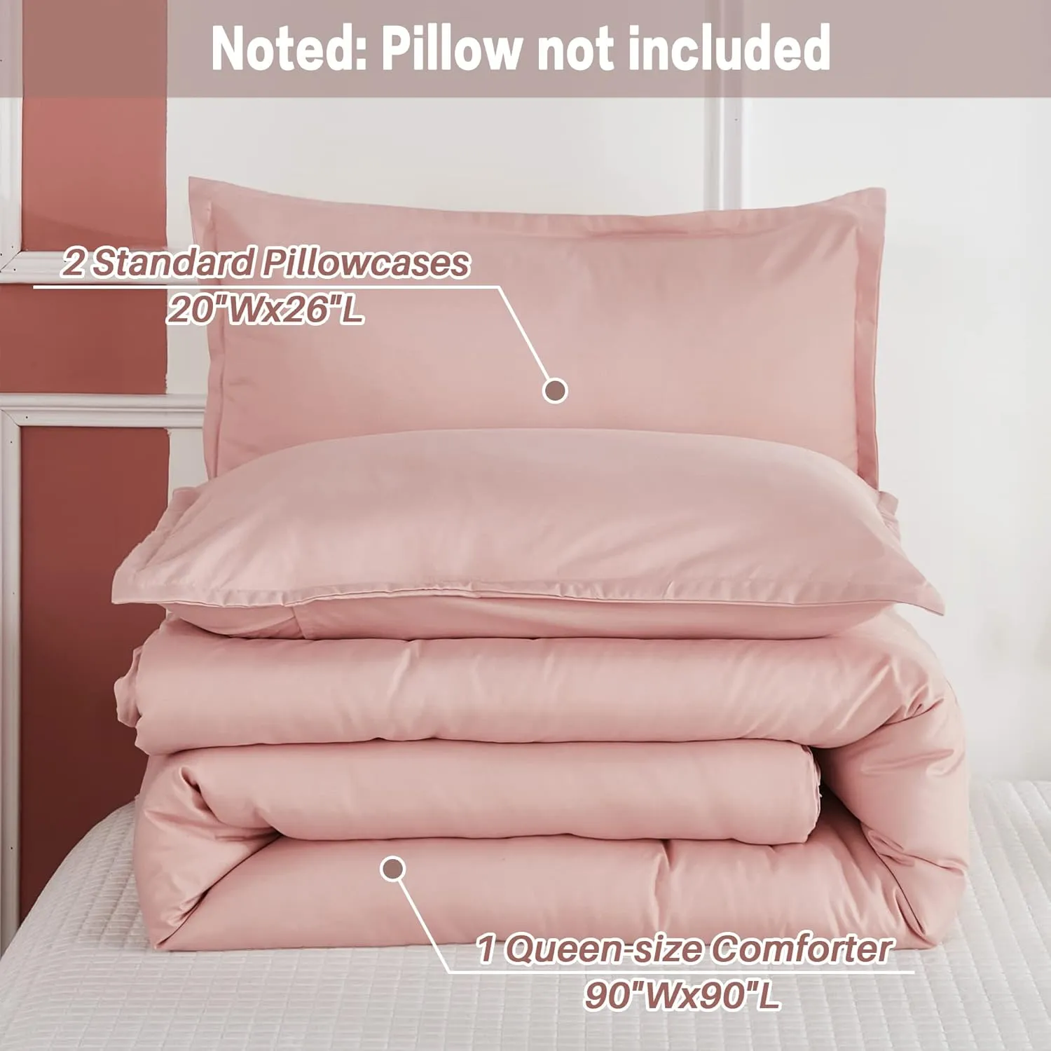 Litanika Pink Queen Size Comforter Set, 3 Pieces Blush Plain Bedding Comforter Set, All Season Bed Set (90x90In Comforter & 2 Pillowcases)