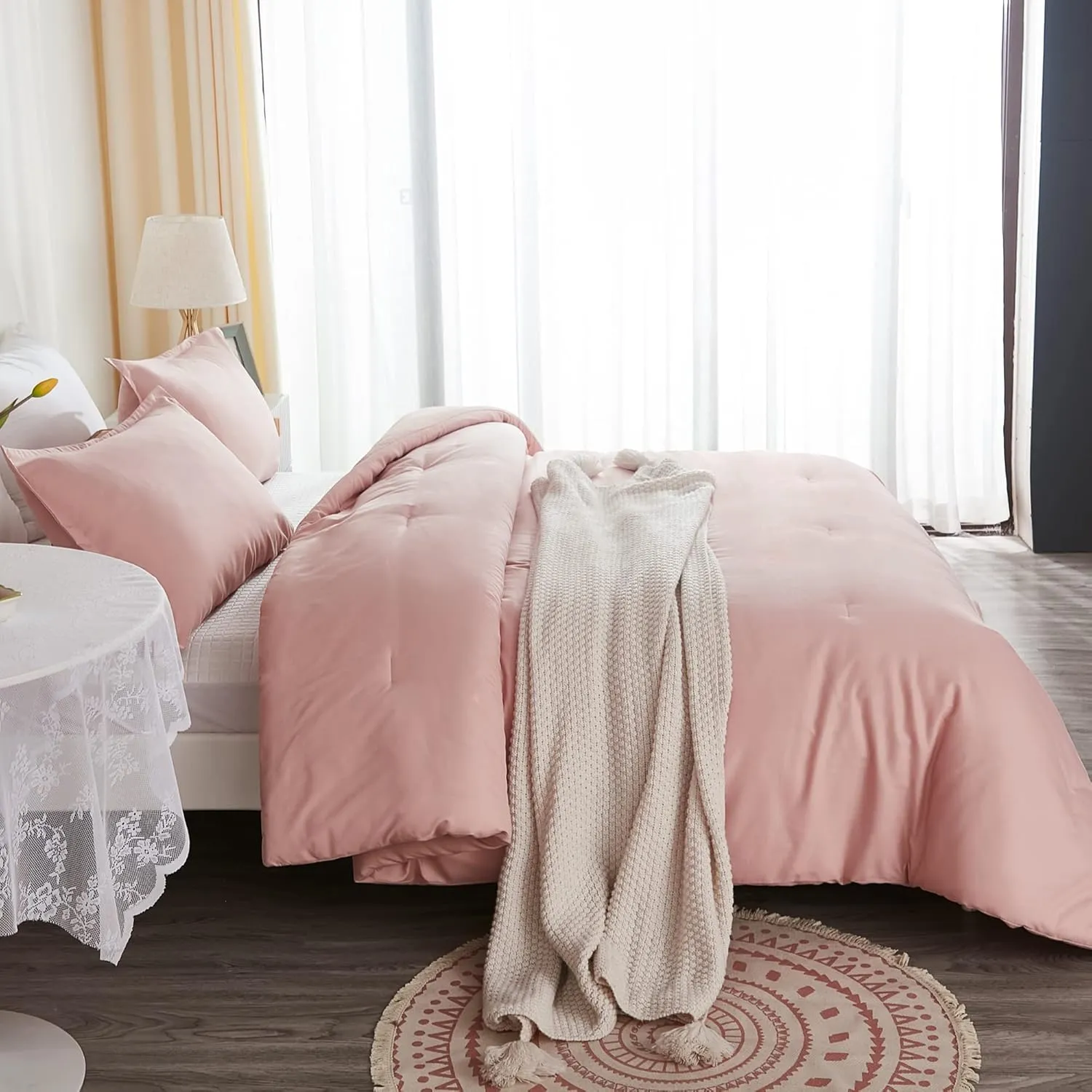 Litanika Pink Queen Size Comforter Set, 3 Pieces Blush Plain Bedding Comforter Set, All Season Bed Set (90x90In Comforter & 2 Pillowcases)
