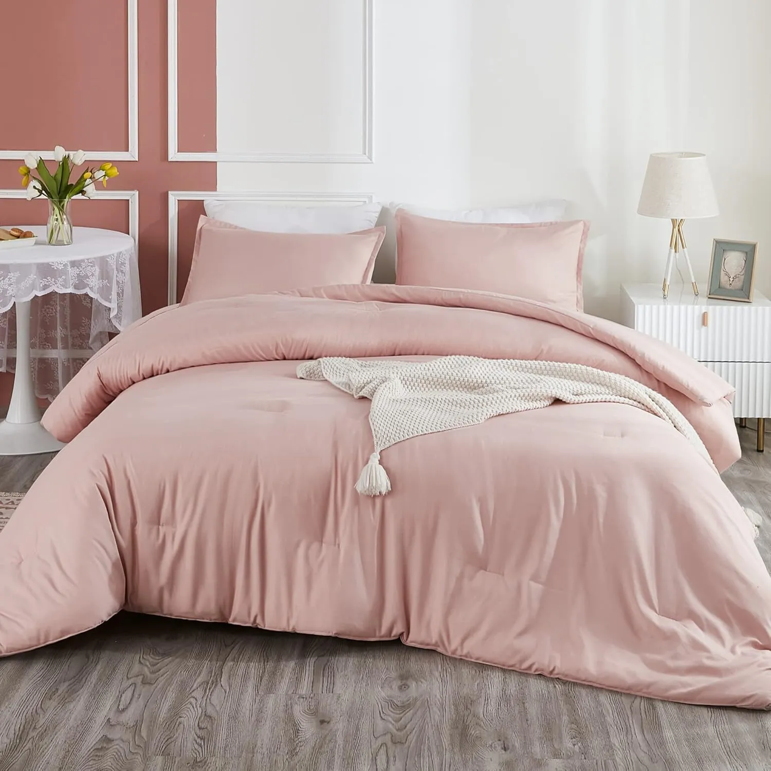Litanika Pink Queen Size Comforter Set, 3 Pieces Blush Plain Bedding Comforter Set, All Season Bed Set (90x90In Comforter & 2 Pillowcases)