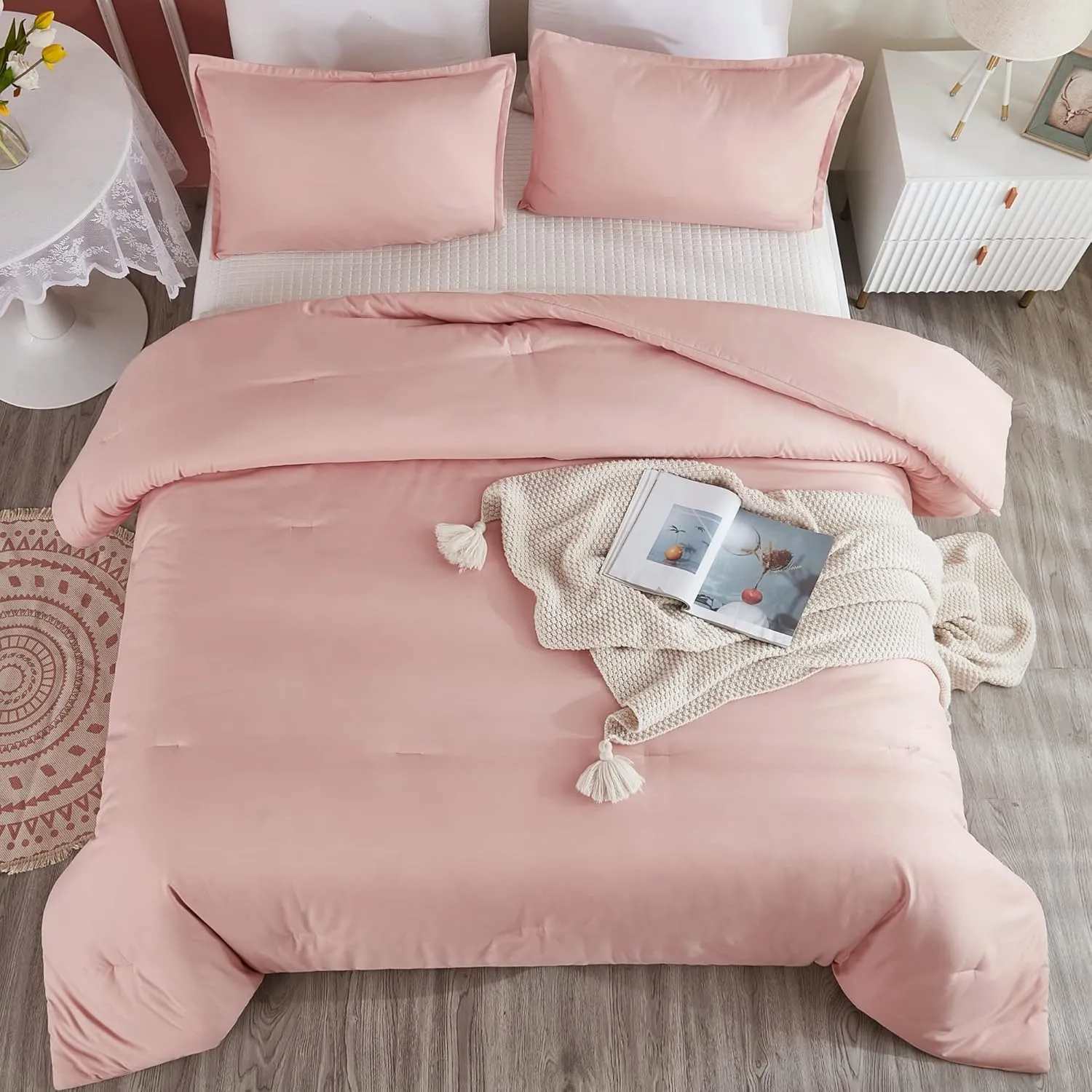 Litanika Pink Queen Size Comforter Set, 3 Pieces Blush Plain Bedding Comforter Set, All Season Bed Set (90x90In Comforter & 2 Pillowcases)