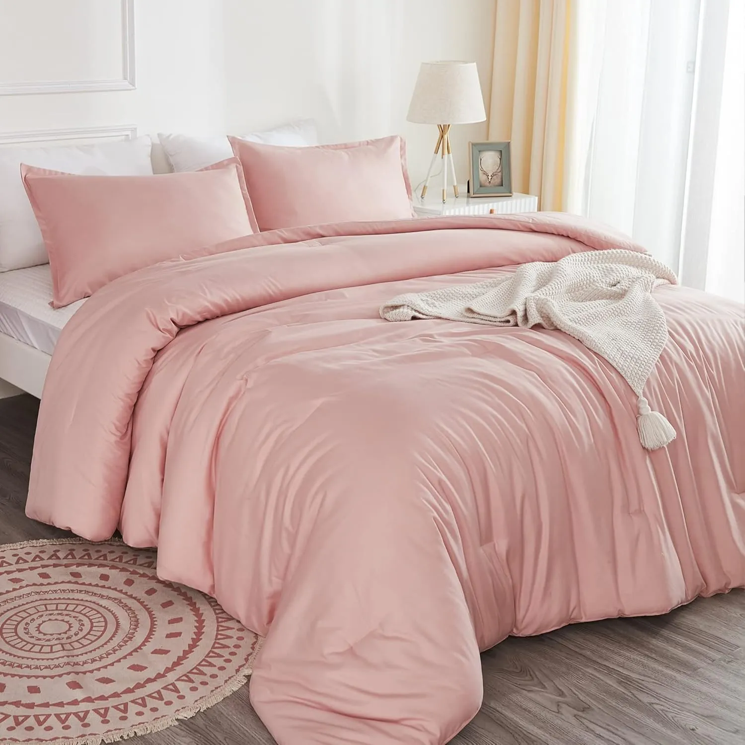 Litanika Pink Queen Size Comforter Set, 3 Pieces Blush Plain Bedding Comforter Set, All Season Bed Set (90x90In Comforter & 2 Pillowcases)