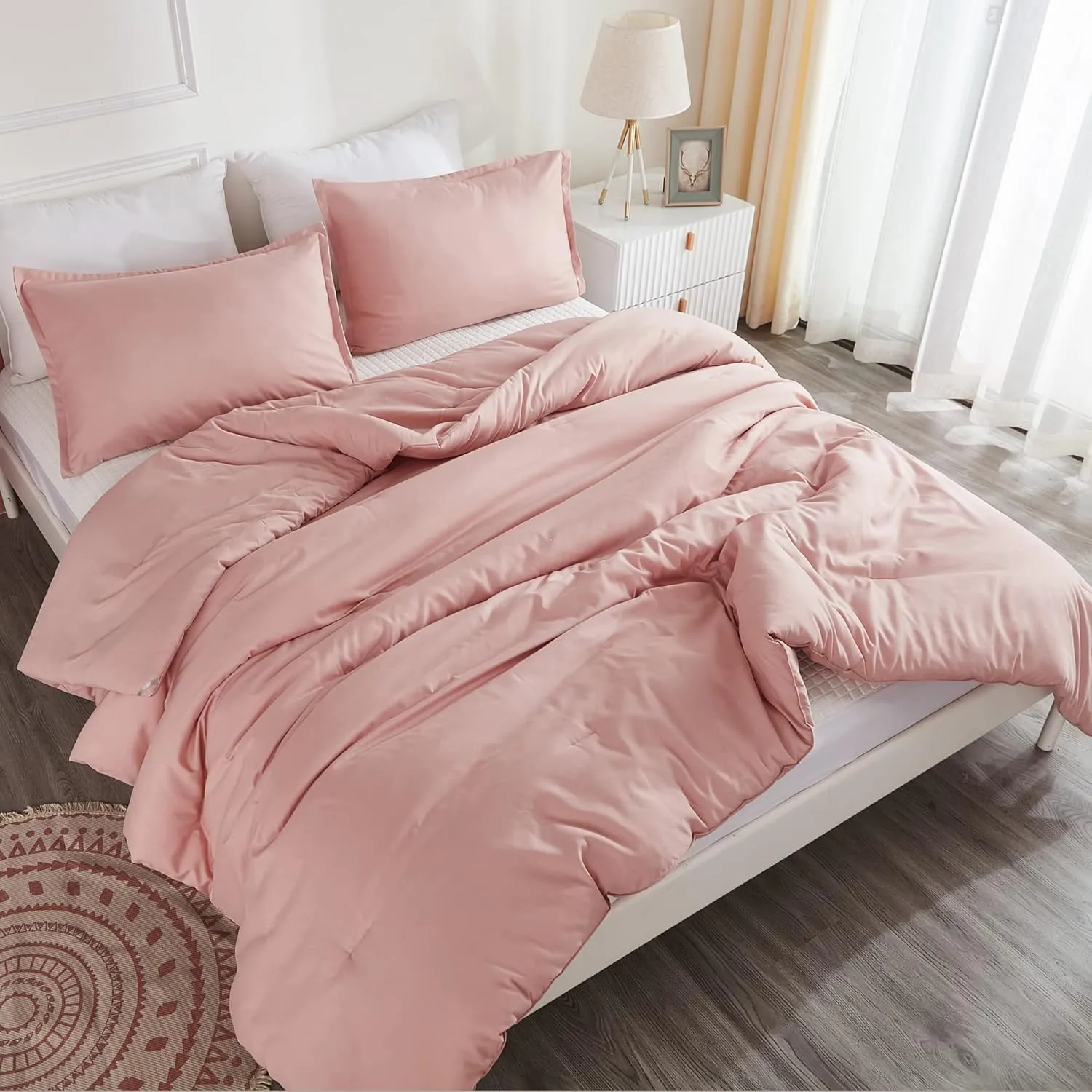 Litanika Pink Queen Size Comforter Set, 3 Pieces Blush Plain Bedding Comforter Set, All Season Bed Set (90x90In Comforter & 2 Pillowcases)