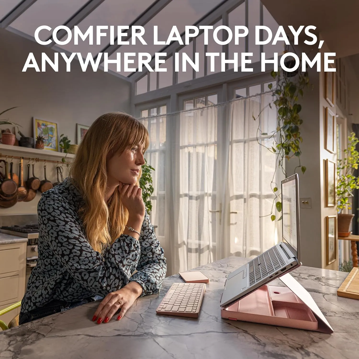 Logitech Casa Pop Up Desk Kit - Adjustable Laptop Stand for Desk, Wireless Keyboard & Touchpad, Bluetooth, USB C Charging, Bohemian Blush, Pink