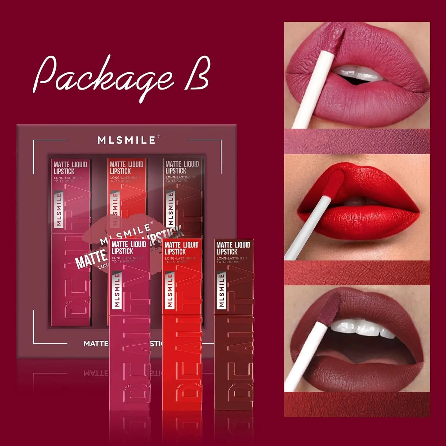 Long-Lasting Matte Liquid Lipstick Set, 3 Colors, Red and Pink Shades (package B, 3)