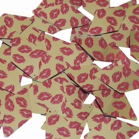 Long Diamond Sequin 1.75" Red Lips Kiss Lipstick Print Gold Metallic Paillettes