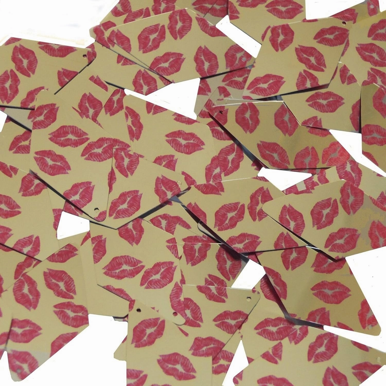 Long Diamond Sequin 1.75" Red Lips Kiss Lipstick Print Gold Metallic Paillettes