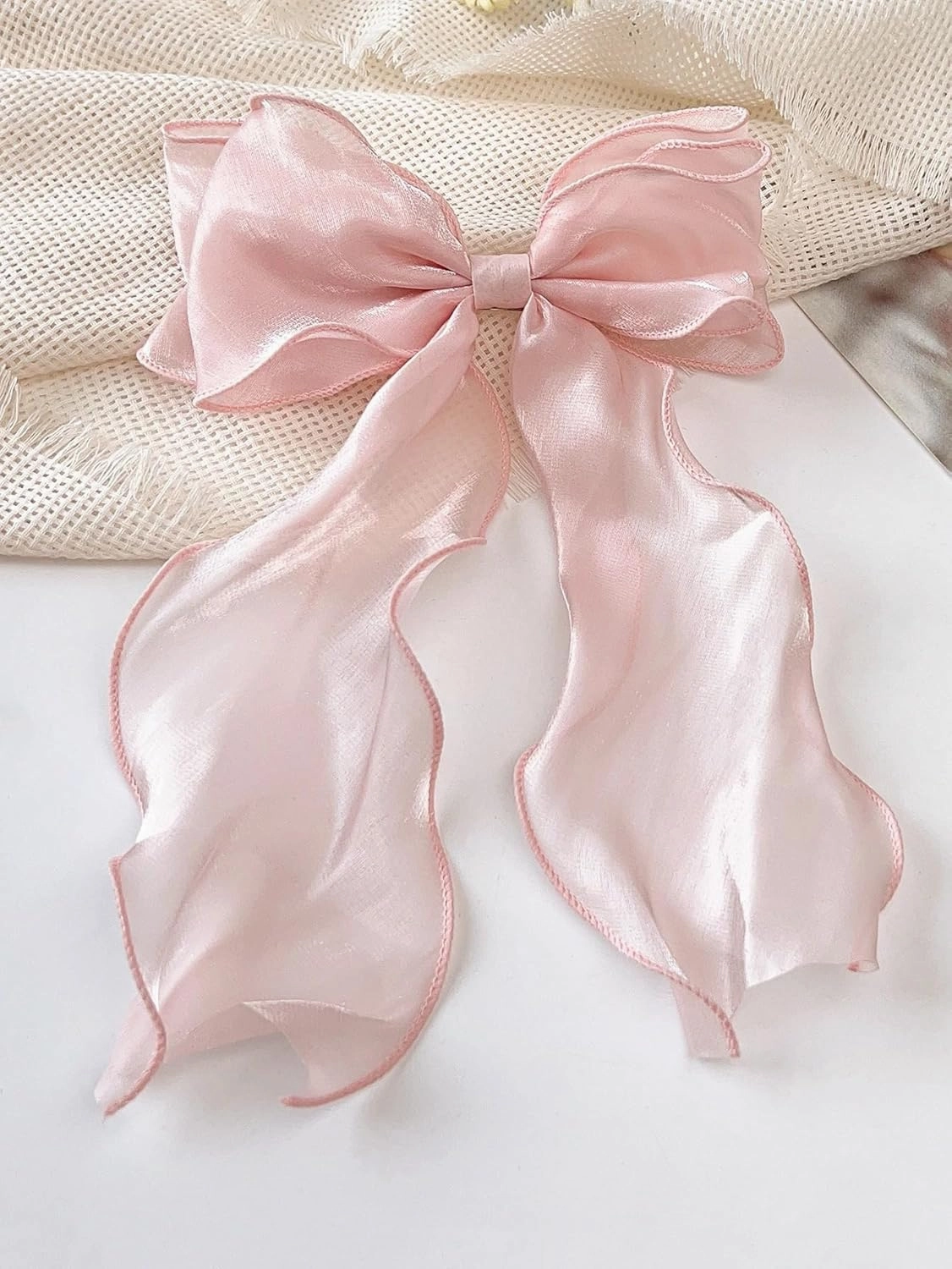 Long Ribbon Hair Bow Clip for Women – Elegant Fluttering Organza Bow Barrette, Black Rayon Hair Accessory for Ponytails, Braids, and Half-Up Styles – Cute Soft Hairpin for Daily Wear (Champagne)
