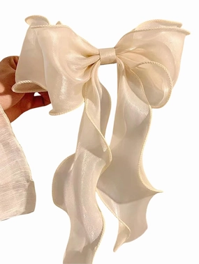 Long Ribbon Hair Bow Clip for Women – Elegant Fluttering Organza Bow Barrette, Black Rayon Hair Accessory for Ponytails, Braids, and Half-Up Styles – Cute Soft Hairpin for Daily Wear (Champagne)