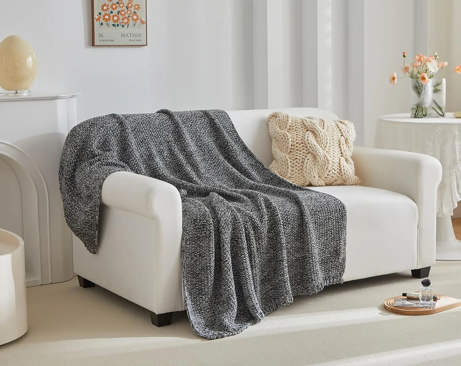 Longhui bedding Chunky Cable Knit Throw Blanket for Couch Sofa Bed Fall Lightweight Soft Cozy Throw Blanket Decorative 60"x80" Housewarming Gift (Black White) Give Laundering Bag