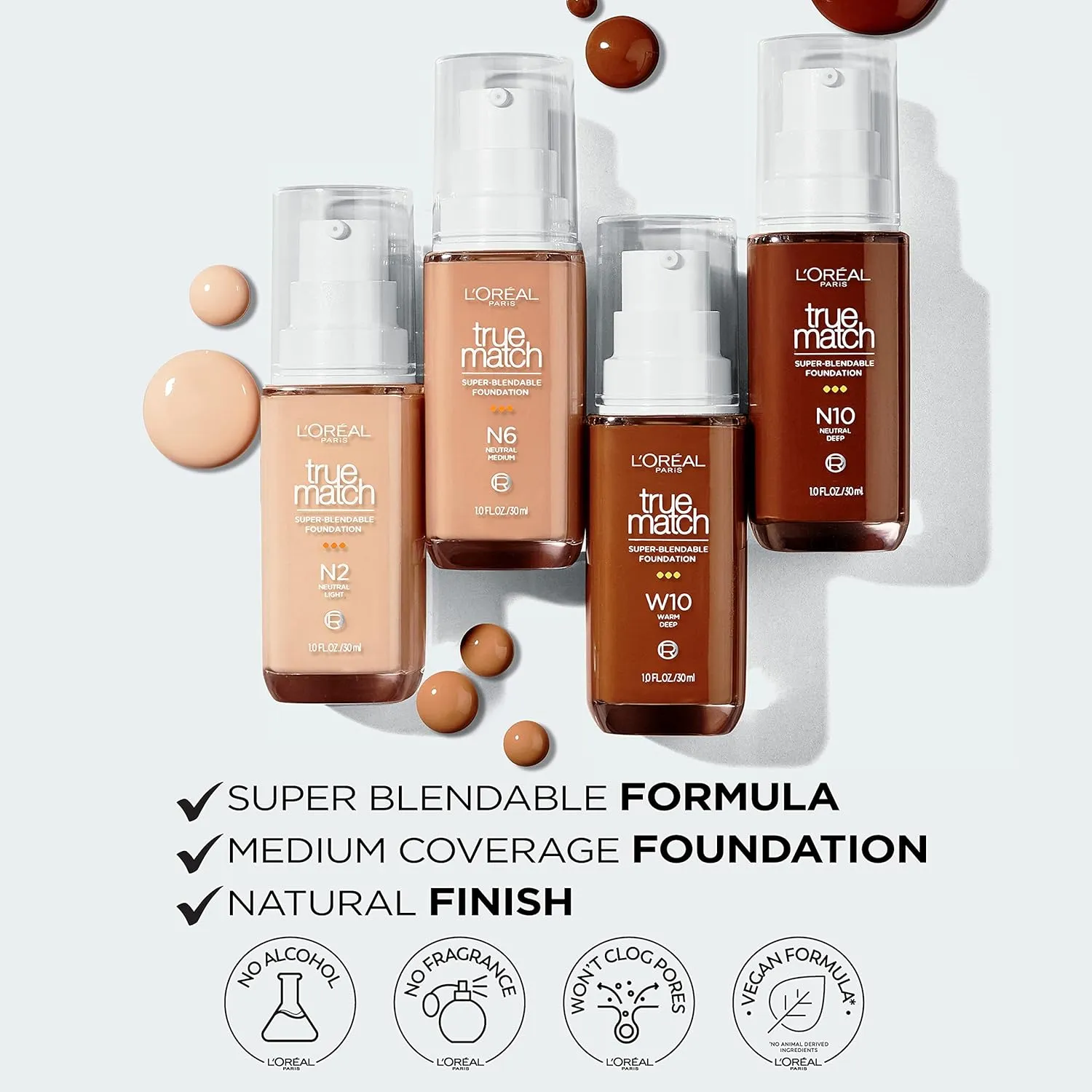 L’Oréal Paris True Match Super-Blendable Foundation, Medium Coverage Liquid Foundation Makeup with SPF 17, W10.5, Deep, 1 Fl Oz (Pack of 3)